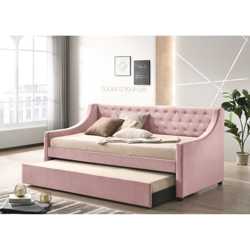 Lit double en velours rose avec lit gigogne - Revêtement en tissu, pattes en bois, design moderne et élégant