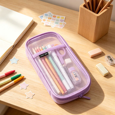 Trousse à crayons grande capacité en maille, double couche transparente, trousse multifonction pour les élèves du primaire et du collège.