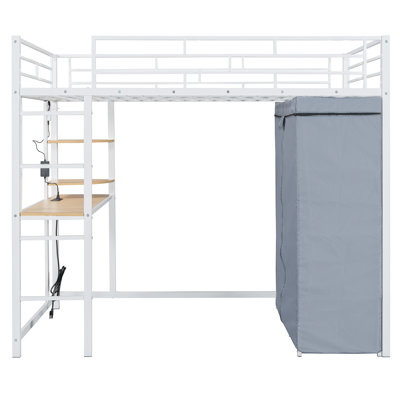 Lit mezzanine en métal avec bureau intégré, étagère, prise de courant, garde-robe à DEL et rangement - Système de tablette complète pour votre chambre, prise d'alimentation, rangement pour vêtements