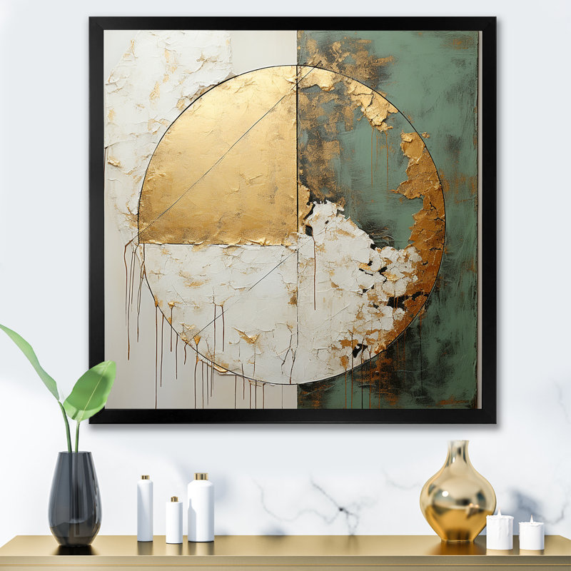 Peinture dorée et verte Fusion I - art mural abstrait pour salon, Cadre simple noir, H 24 po x l 24 po x P 1 po