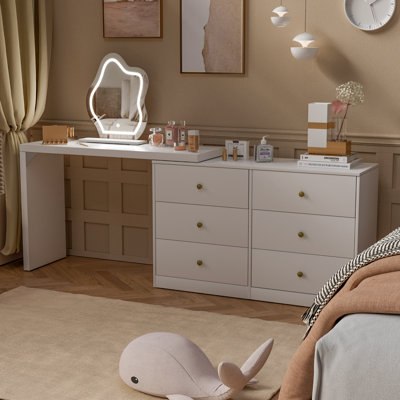 Latarius Vanity Desk with Lighted Mirror, Extendable Vanity Table with 6 Drawers, 3 Color Lighting Modes