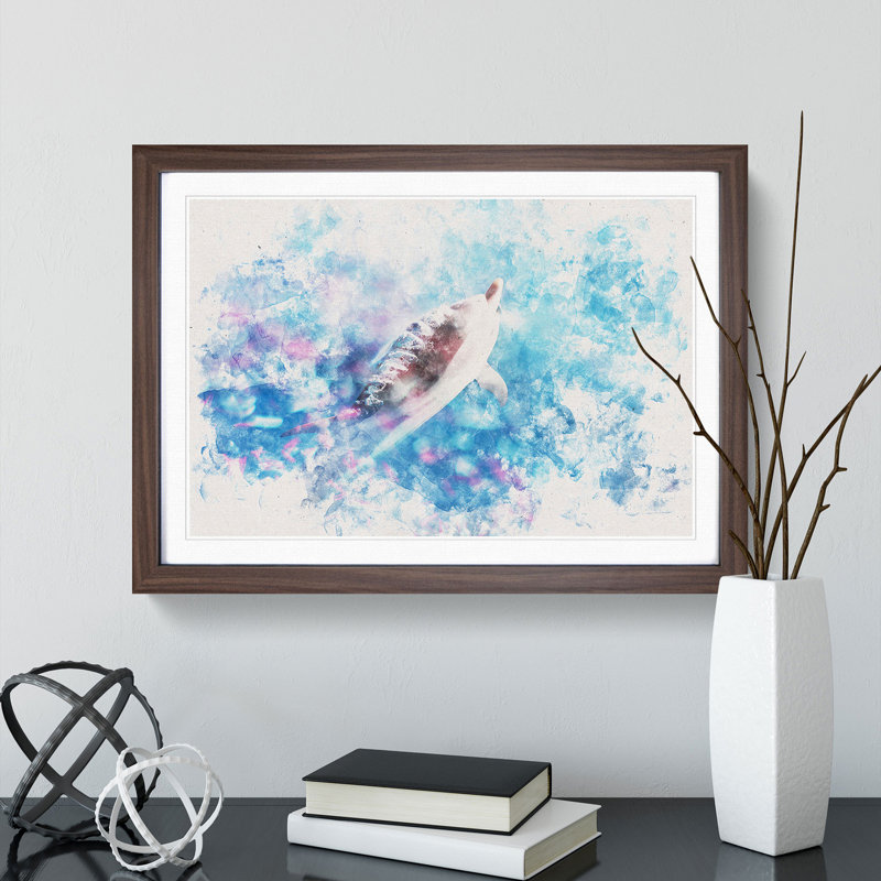 Swimming Dolphin - Picture Frame Graphic Art Print, Walnut Framed, 33cm H x 45cm W x 2cm D