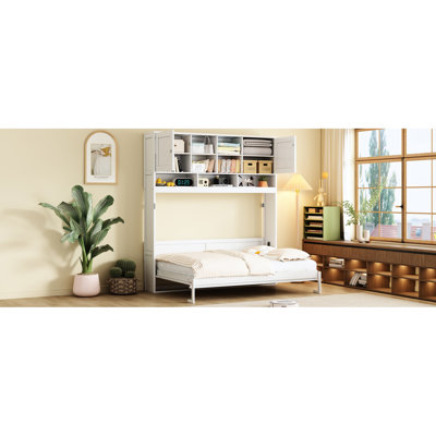 Grand lit mural blanc avec panneaux décoratifs, rangement fonctionnel et rayures de soutien de 600 lb, pour maximiser l'espace, compatible avec les matelas de 6 à 8 pouces