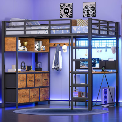 Lit mezzanine double avec 7 tiroirs de rangement, grande bibliothèque à 2 cubes, bureau en L et station de charge, lit mezzanine en métal avec lumières DEL et tablette ouverte, lit avec barrière de sécurité et échelles, brun rustique | Lit mezzanine double 4 en 1