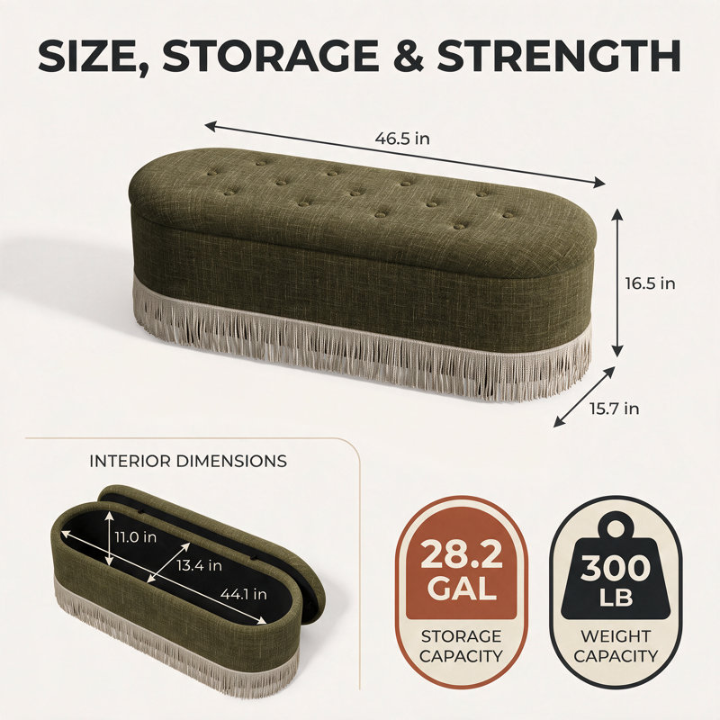 Banc de rangement rembourré bouclé de 47,5 po avec couvercle relevable et pieds en bois massif, Vert