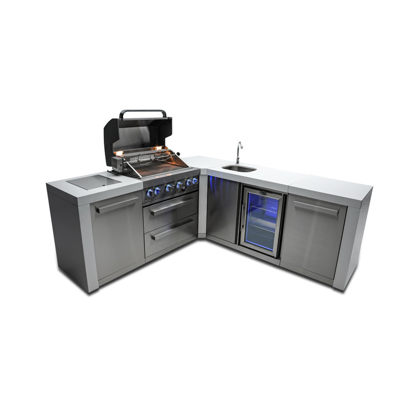 Mont Alpi 4-Burner 90 Degree Deluxe Stainless Steel Outdoor Barbecue Island Grill + Beverage Center