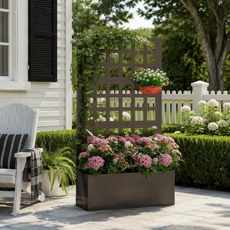 Lit de jardin surélevé en acier galvanisé avec treillis et drainage pour plantes grimpantes et écran d'intimité extérieur