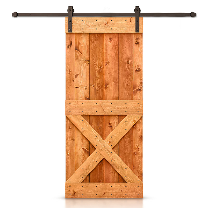 Porte de grange à panneaux et en bois avec quincaillerie d'installation, 30 po x 84 po, Noyer rouge, Bronze huilé