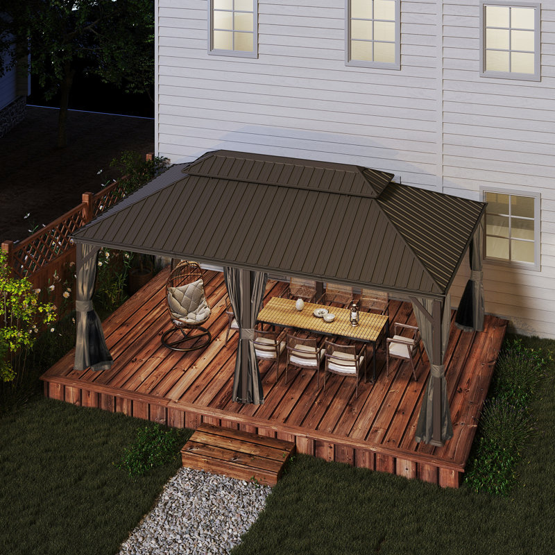 20 Ft. W x 14 Ft. D Galvanized Steel Patio Gazebo with Double Roof, Bronze, Brown