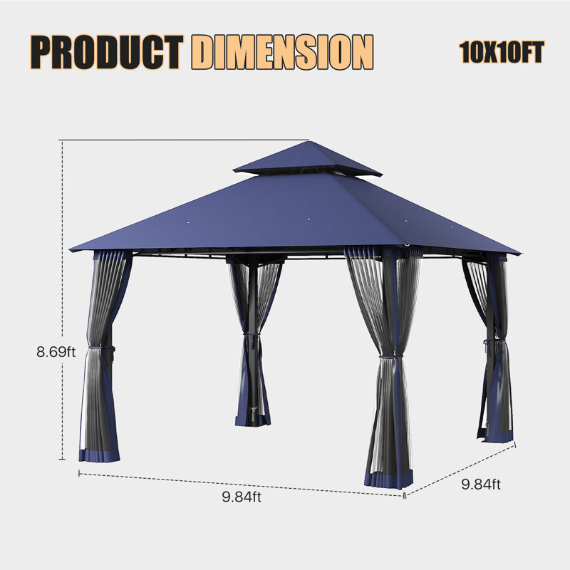 Pavillon de jardin robuste 10 'x 10' avec abattants allongés - Pavillon à toit double à structure stable avec filet et drainage intégré