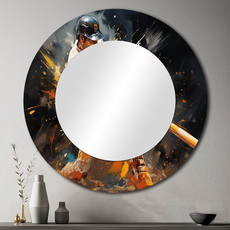 Shanely Baseball Abstract Home Run - Baseball Unique Wall Mirror, Modern Round Mirror, Printed Metal Art, 36" x 36"