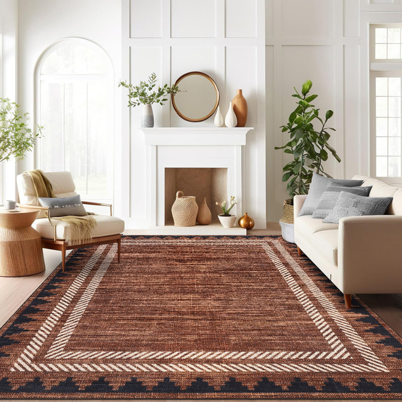Tapis à motifs géométriques modernes à bordure géométrique lavable 5 x 7 pour le salon de la chambre à coucher, tapis pliant antidérapant, tapis d'intérieur doux, résistant aux taches, rouge brique
