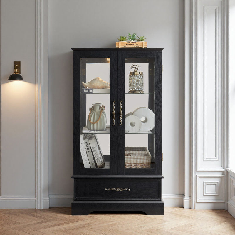 Lighted Glass Curio Cabinet With Adjustable Shelves - Elegant 2-Door Display Cabinet
