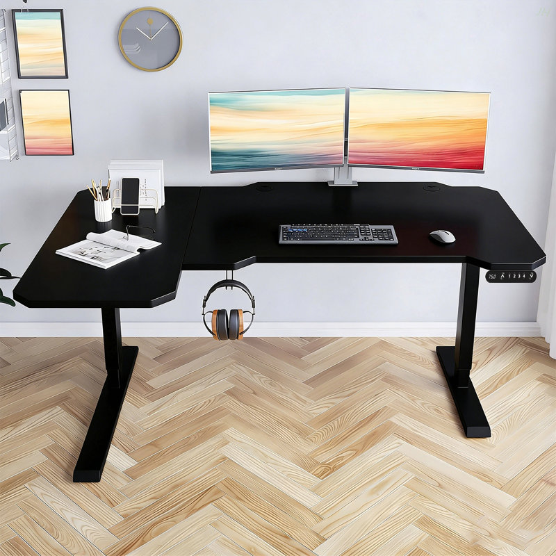 L-Shaped 59" Height Adjustable Electric Standing Desk, Sit And Stand Up Computer Desk For Home Office Black, Black, Black