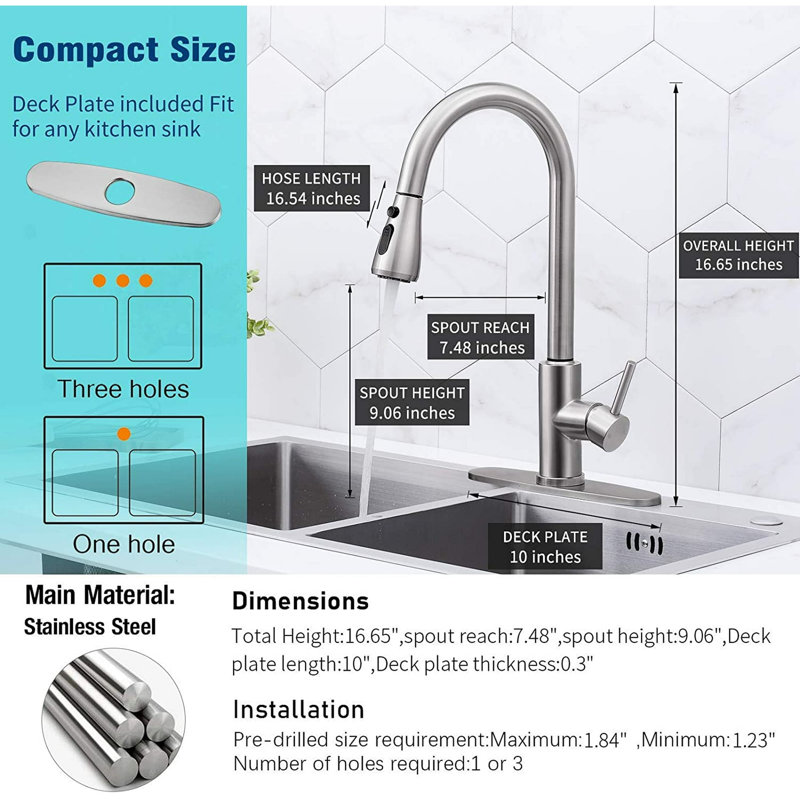 Brushed Nickel Stainless Steel Kitchen Faucet with Pull-Out Spray