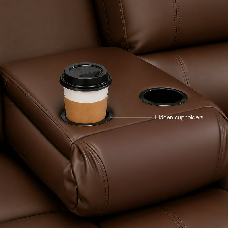 Talley 5-Seat Faux Leather Reclining Sectional Sofa with Storage Console and Drop Down Table, Reddish Brown