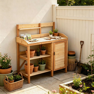 Banc de rempotage en bois de sapin massif avec armoire de rangement, plateau d'évier amovible et crochets à outils latéraux, poste de travail de jardin multifonctionnel pour l'organisation de la plantation de pelouse dans le jardin