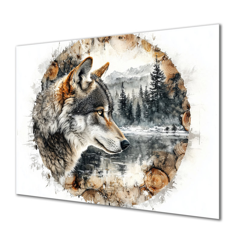 «Wolf in Winter Forest Lake Landscape III», reproduction d'art en métal moderne, décoration murale en métal loup