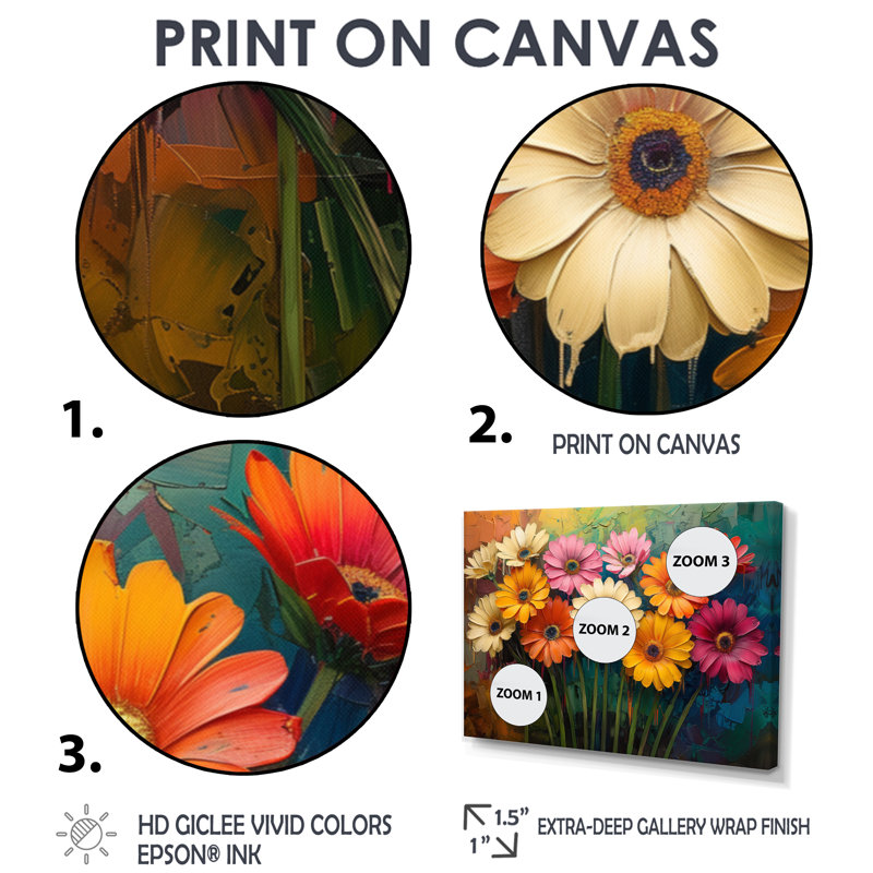 «Multicolor Garden Daisies Collage III - Daisies», reproduction d'art murale, Cadre flottant brun