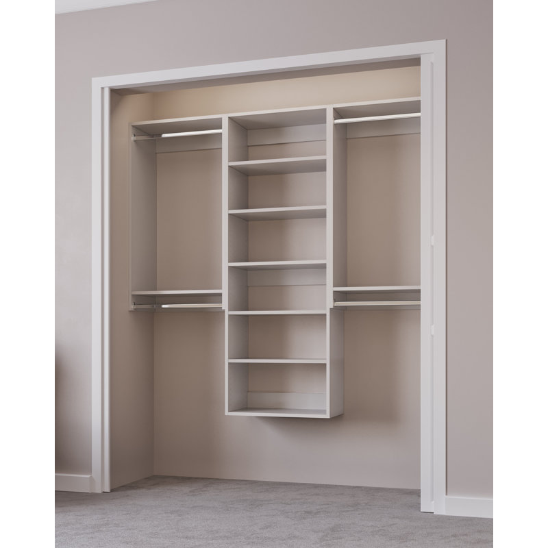 White Modular Closet System with Shelves and Hanging Rods