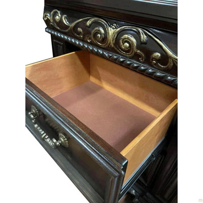 Traditional Bedroom Furniture 2 Drawer Nightstand, Solid Wood Carvings Bedside Table, Dark Cherry