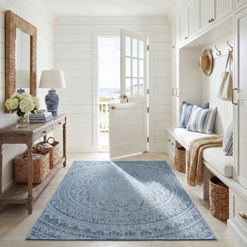 Melida Navy/Aqua Indoor/Outdoor Area Rug, Rectangle 5'3" x 7'7"