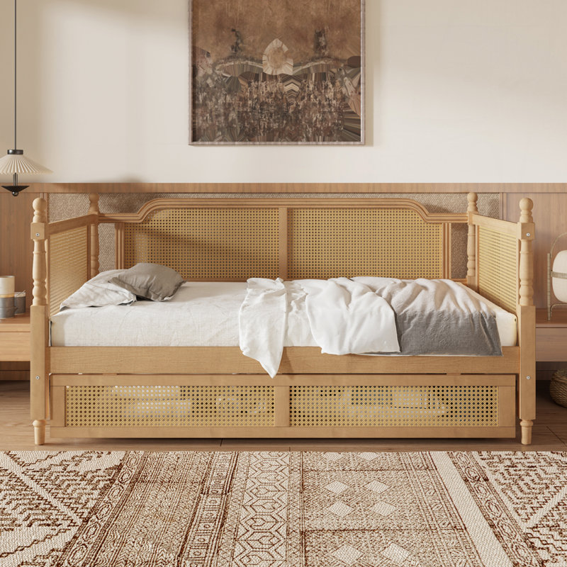Rattan Daybed with 2 Drawers for Limited Space, Full/Double, Antique Walnut