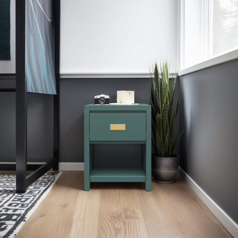 Nightstand With Vintage Gold Handles & Open Shelf, Mdf Bedroom Side Table With Storage Drawer, Sturdy End Table For Bedroom