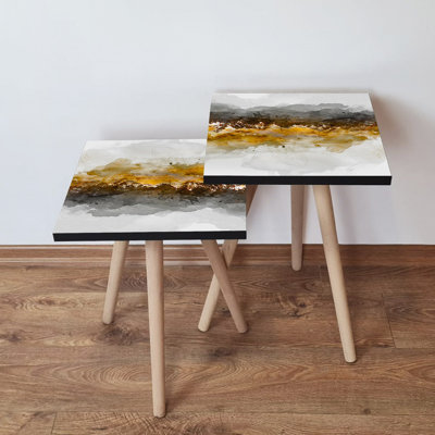Élégantes tables gigognes (2 pièces), design abstrait, doré et noir / blanc, 13,8 po x 18,5 po x 13,8 po et 13,8 po x 16,5 po x 13,8 po | 100% panneau de fibres à densité moyenne avec pieds en bois de hêtre, élégant et fonctionnel pour les espaces de vie modernes