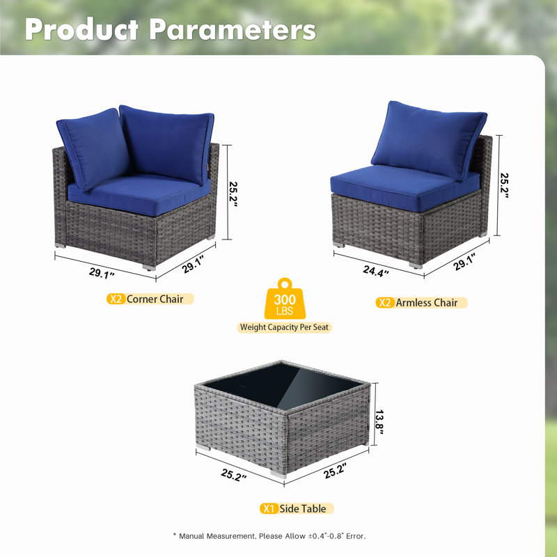 Canapé modulaire d'extérieur à coussins de 107,08 po de largeur avec coussins, Marine