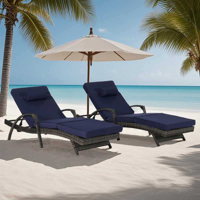 Boho Upholstered Rattan Armchair (Set of 2), Wicker Accent Lounge Chair with Curved Armrests & Thick Cushions, Dark Blue