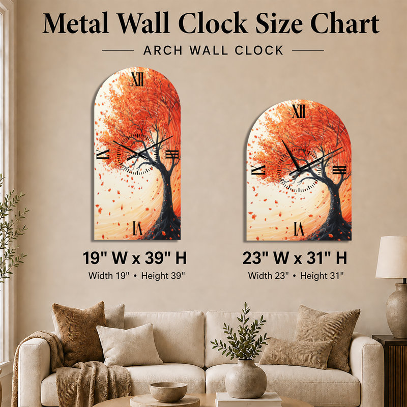 Autumn Maple in Motion - Rustic Arched Wall Clock, 39" H x 19" W - Arch