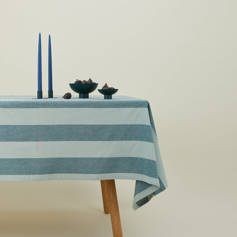 Sky and Peacock Striped Cotton Tablecloth