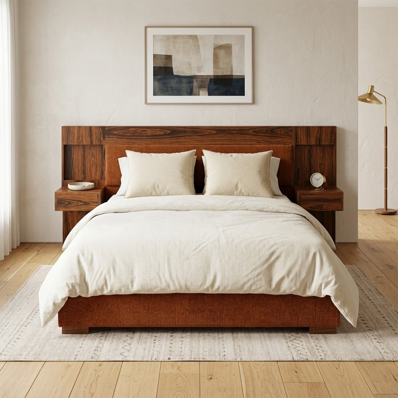 Modern Upholstered Platform Bed with Built-in Storage, Queen, Ochre Linen, Ocher, Queen