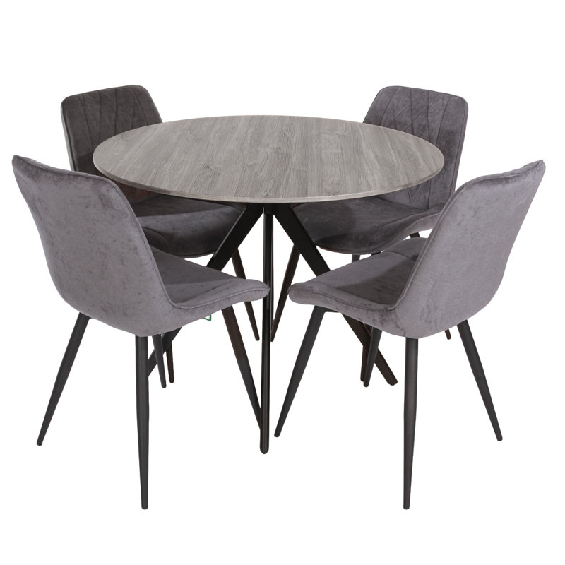 Aspen 5-Piece Casual Dining Set - Large Round Table with 4 Upholstered Diamond Stitch Fabric Chairs, Grey Oak, Grey
