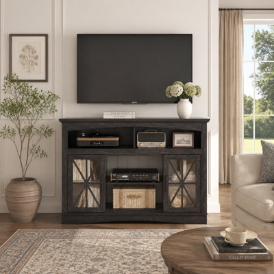 Farmhouse Media Console with Adjustable Shelves and LED Lighting for Versatile Living Room Storage and Entertainment Organization