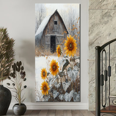 «Ditlef Winter Sunflowers By The Ice Covered Barn II», reproduction d'art sur toile encadrée