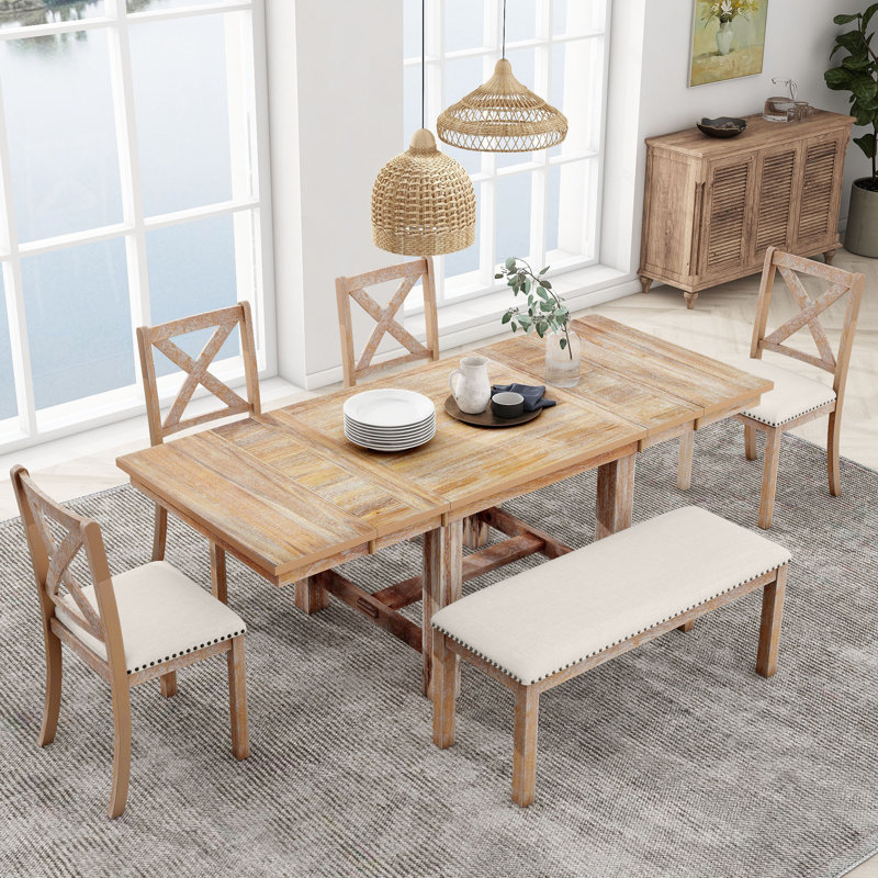 Farmhouse 6-Piece Extendable Dining Table Set – 82" Table with 2 Removable Leaves, Upholstered Chairs & Bench, Natural+Beige Cushion