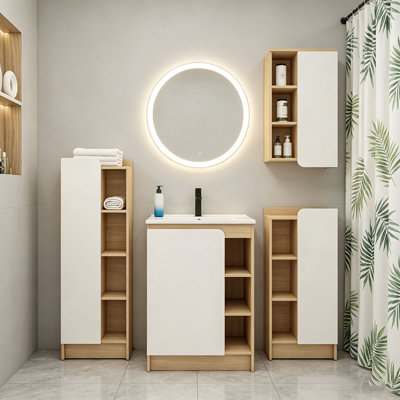 Ensemble de meuble-lavabo 4 pièces en chêne clair avec lavabo en céramique à bord mince, ensemble de meuble-lavabo avec armoires de rangement, panneaux de porte bicolores, ensemble KD