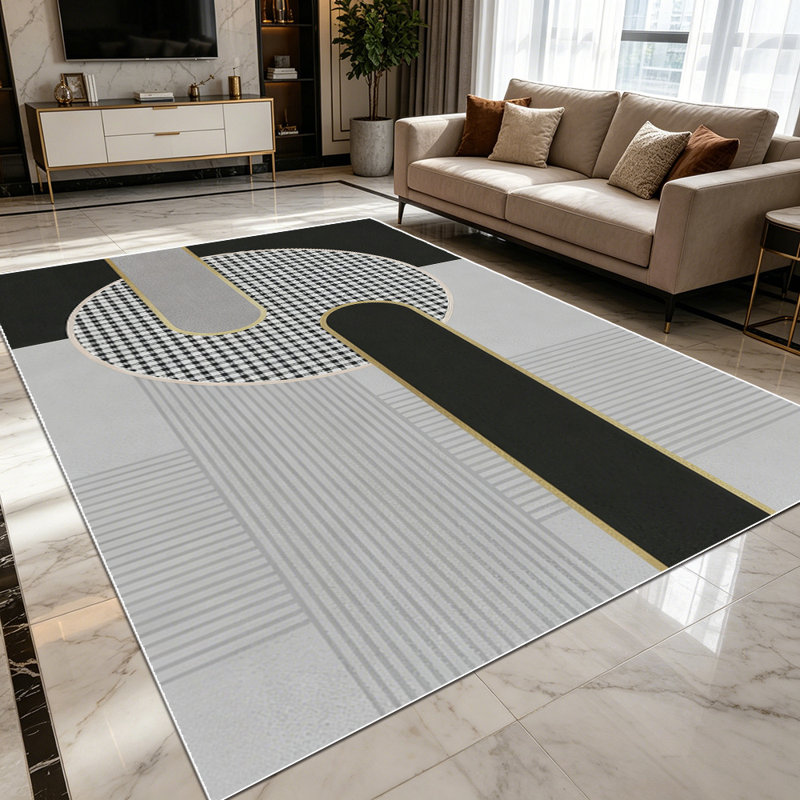 1PC Modern Geometric Black White Gold Tone area rugs for Living Room, Soft and Comfortable, Suitable for all seasons, easy-to-maintain, machine washable Indoor floor mat, Under Table Farmhouse suitable for dining table, bedroom, entryway,