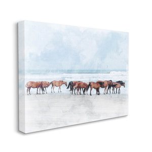 Horse Herd Grazing Beach Shore Floater Canvas Wall Art By Lil' Rue