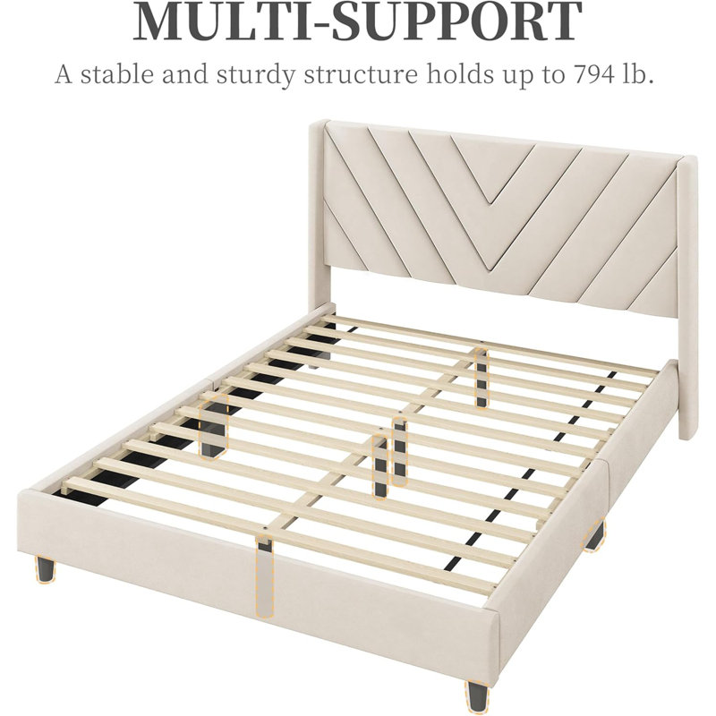 Beige Velvet Upholstered Queen Bed with Tufted Headboard