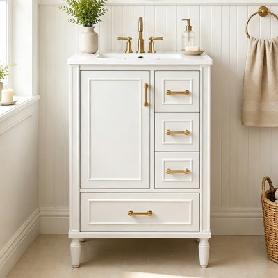 Meuble-lavabo Lumispace Transitional de 24 pouces à lavabo simple, en bois massif avec portes à fermeture en douceur
