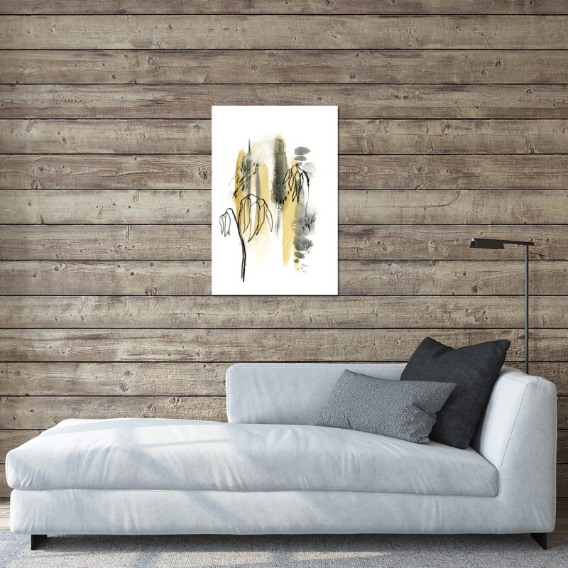 Abstrait en jaune moutarde et vert gris II, impression sur verre acrylique, H 24 po x l 16 po x P 0,25 po
