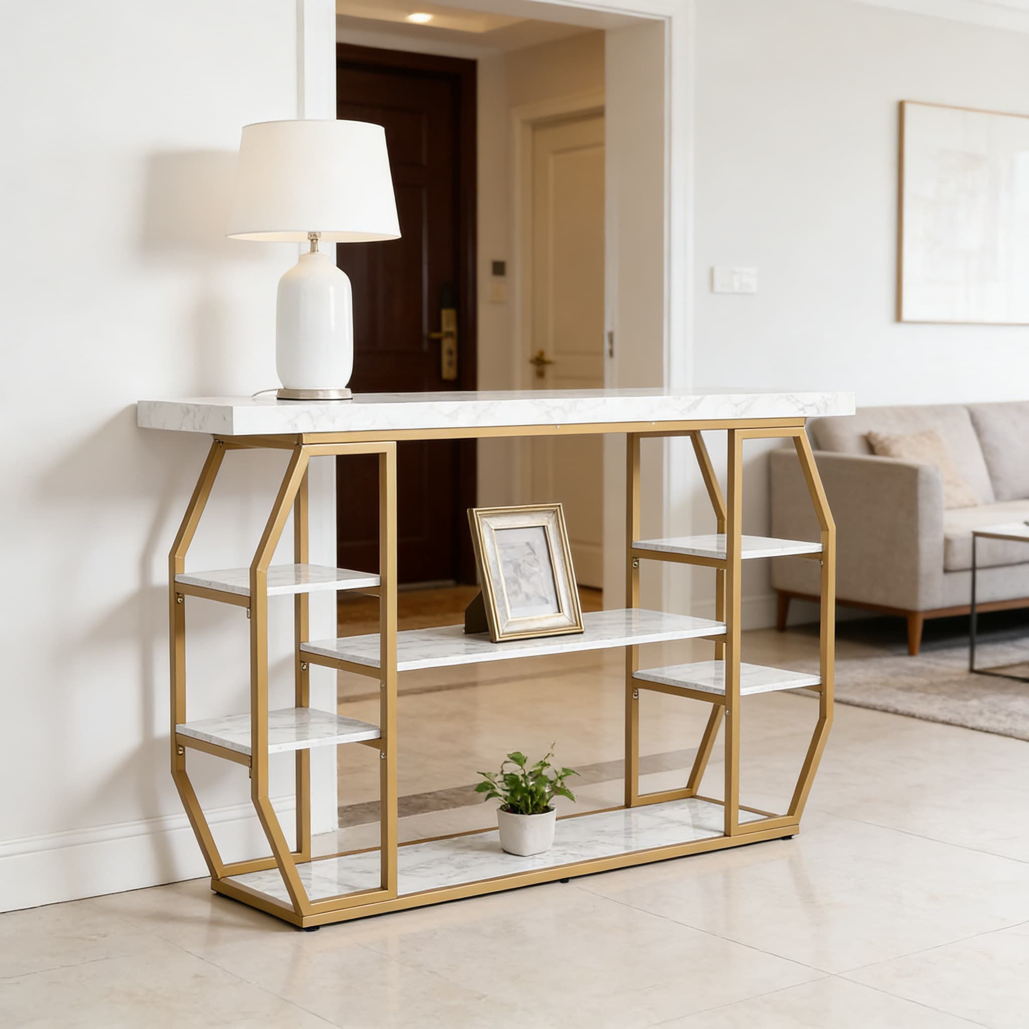 17 Stories Modern Marble Console Table With 3-Tier Storage, Sturdy Iron ...