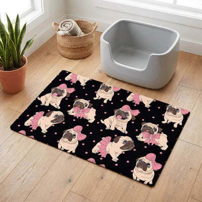 Playful Pug Princess Black & Pink Patterned Cat Litter Mat (15.7'' W x 23.6'' L x 0.3'' H)