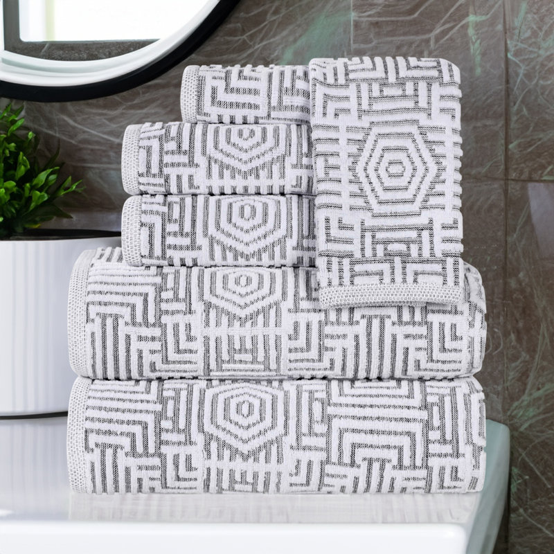 Cotton Modern Geometric Jacquard Soft Highly-Absorbent Assorted 6 Piece Bathroom Towel Set, Charcoal