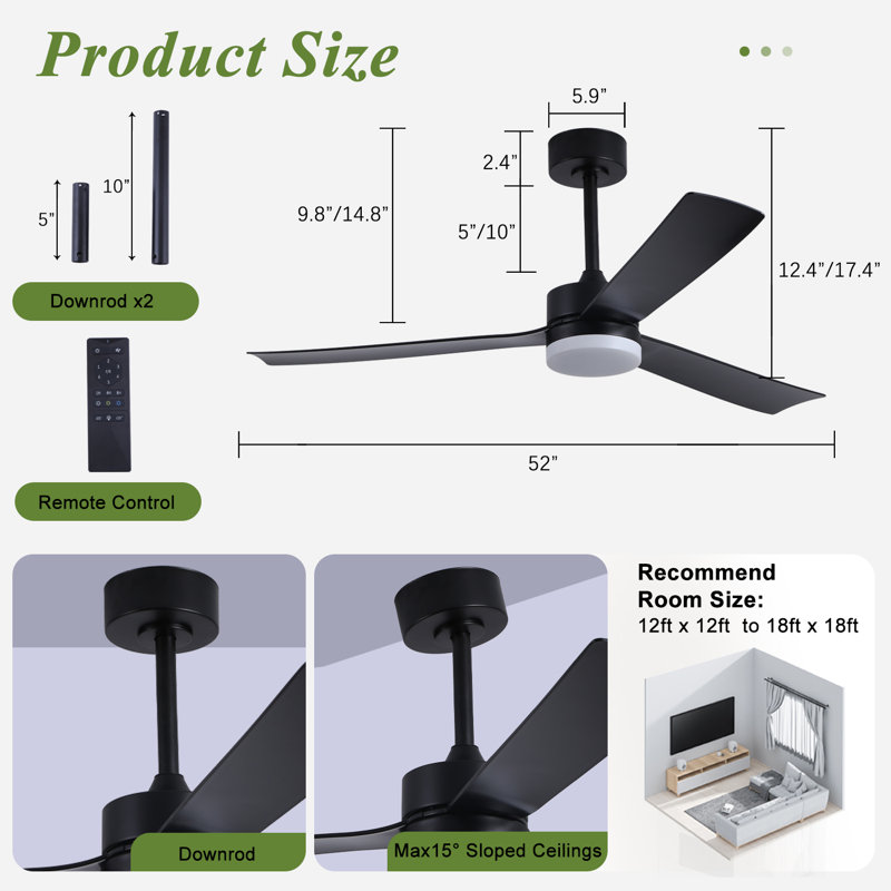 52" 3 - Blade Modern Ceiling Fan With Led Lights Remote App And Voice Control, Matte Black
