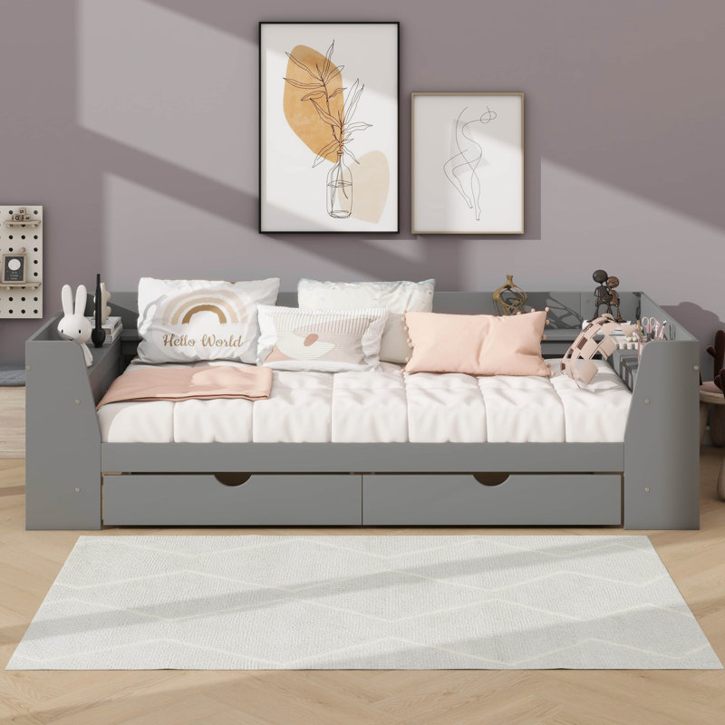 Twin Size Daybed With Built-In Storage Shelves And Drawers, Gray