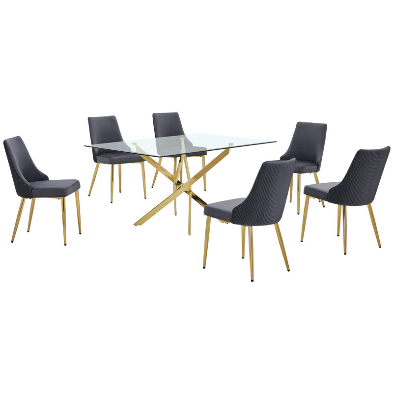 Ensemble de salle à manger en verre avec chaises d'appoint en velours plissé, Gris, 7